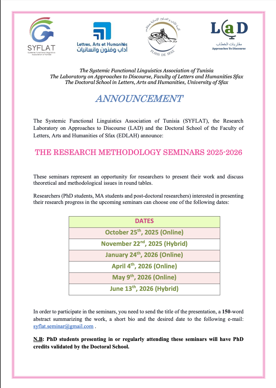 Announcement of SYFLAT Research Methodology Seminars 25/26